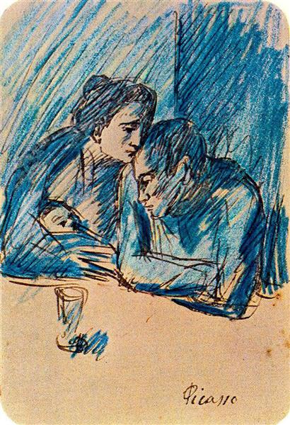 Pablo Picasso Oil Painting Man And Woman With Child In Cafe